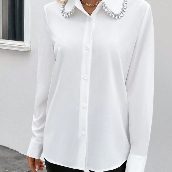 White Preppy Women's Solid Color Shirt With Diamond Decoration - Picture 5 of 5